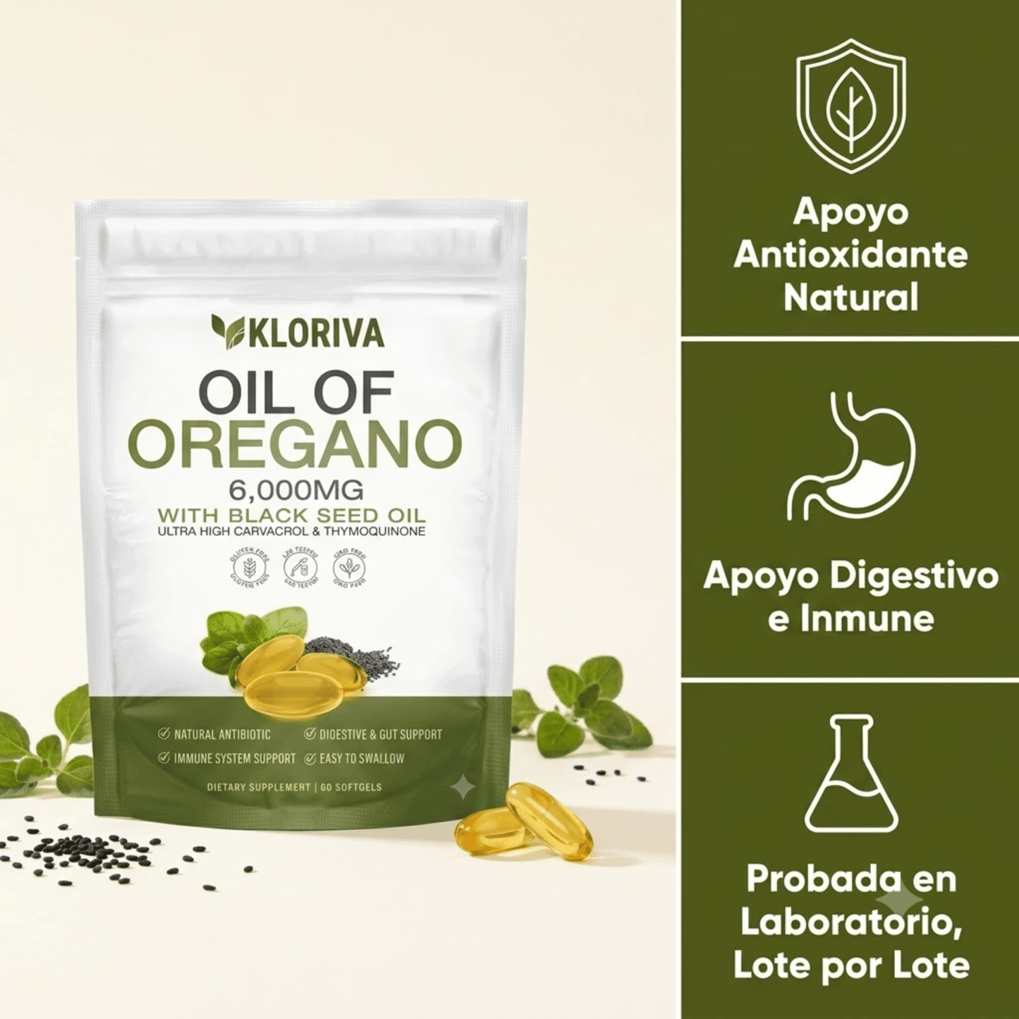 Aceite de Orégano + Semilla Negra 6,000 mg — Sin Ardor - Kloriva
