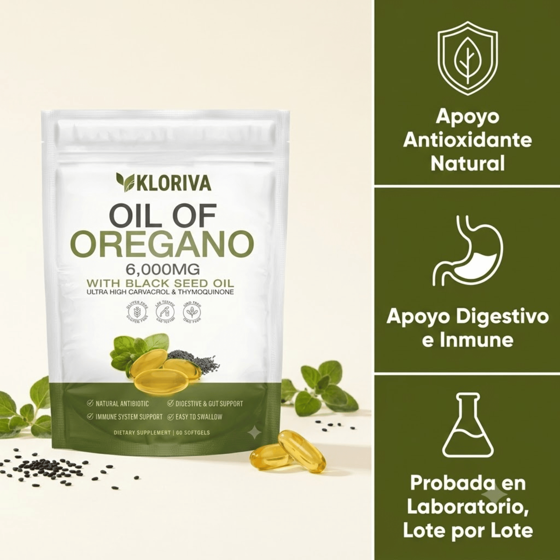 Aceite de Orégano + Semilla Negra 6,000 mg — Sin Ardor - Kloriva
