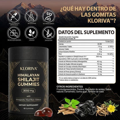 Kloriva™ Gomitas de Shilajit del Himalaya | Vitalidad masculina en 2 gomitas al día.
