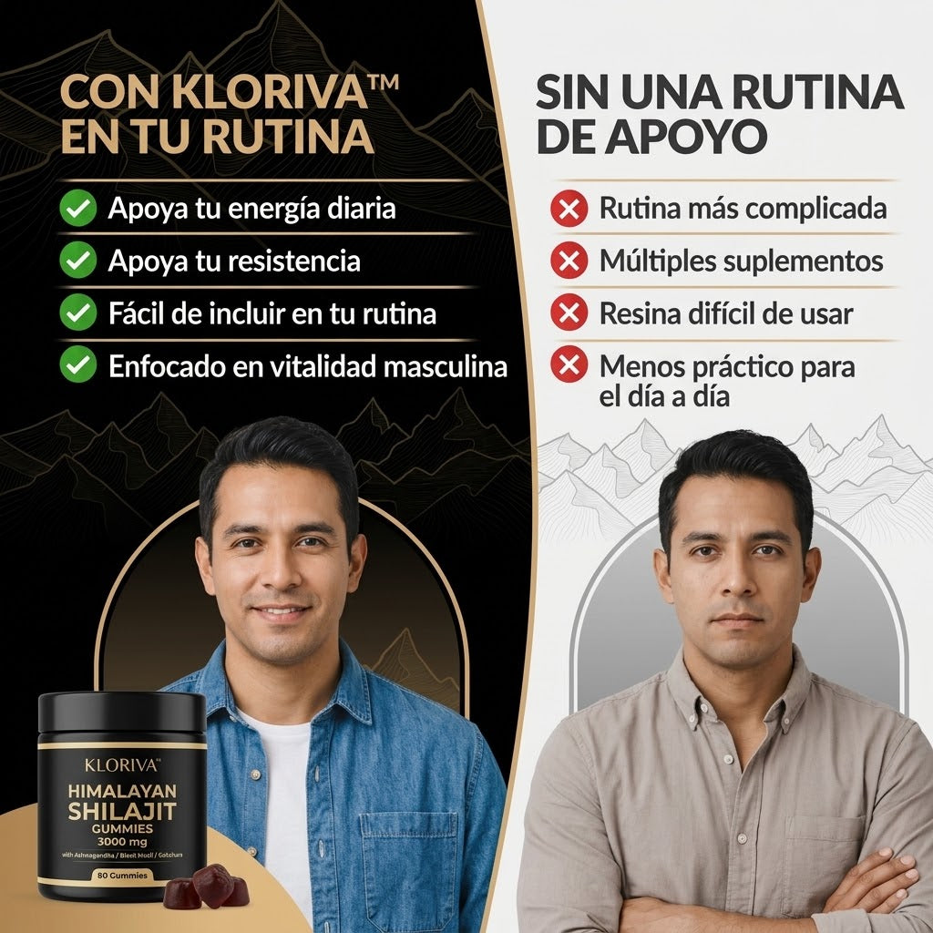 Kloriva™ Gomitas de Shilajit del Himalaya | Vitalidad masculina en 2 gomitas al día.