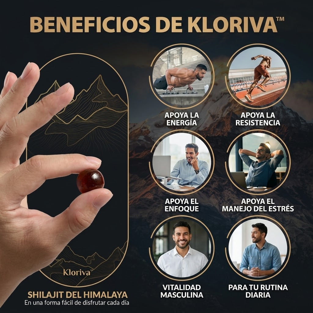 Kloriva™ Gomitas de Shilajit del Himalaya | Vitalidad masculina en 2 gomitas al día.